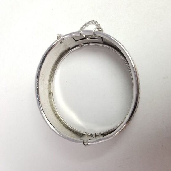 Vintage Wide Silver Tone Bangle Bracelet with Micro Square Design, Retro Hinged - Picture 3 of 7